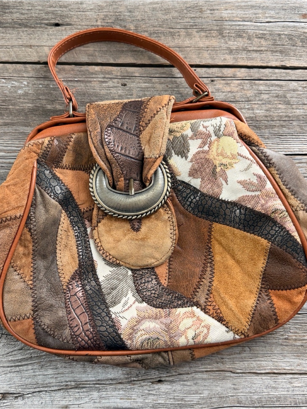 Vintage Patchwork Leather & Tapestry Handbag